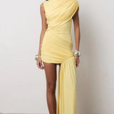 Vestido Curto Drapeado Assimétrico com Cauda Lateral e Gola Alta – Sienna VIEUX OFICIAL