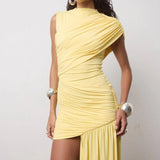 Vestido Curto Drapeado Assimétrico com Cauda Lateral e Gola Alta – Sienna VIEUX OFICIAL