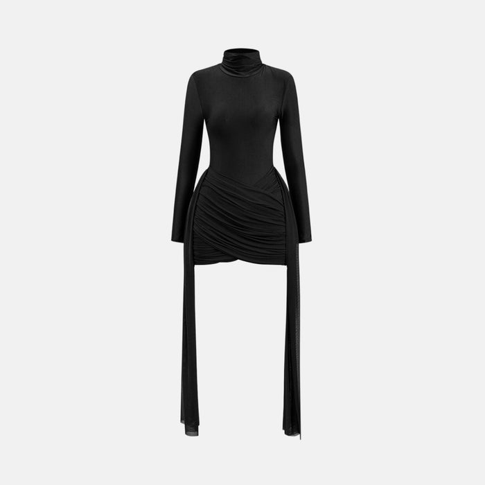 Vestido Curto Drapeado Assimétrico com Gola Alta e Tiras de Tule – Langnar VIEUX OFICIAL