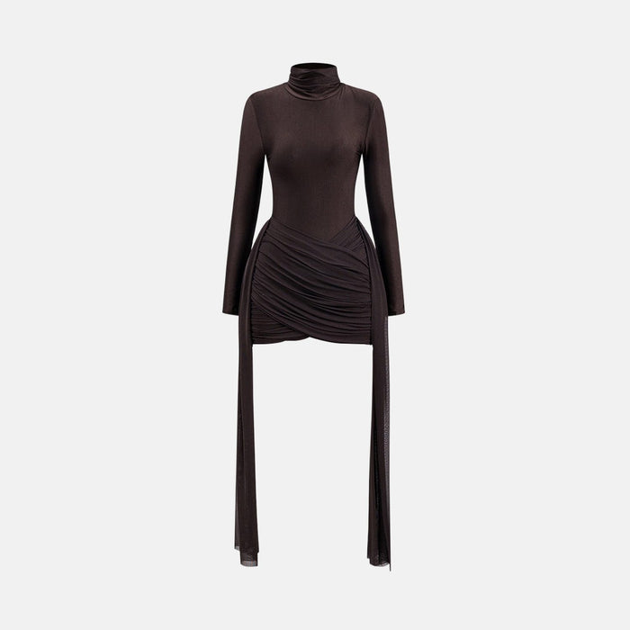Vestido Curto Drapeado Assimétrico com Gola Alta e Tiras de Tule – Langnar VIEUX OFICIAL