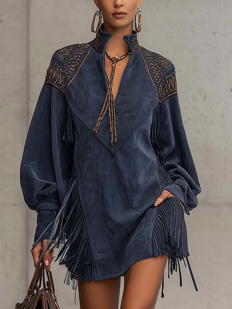 Vestido Curto Feminino Boho Chic de Suede com Franjas e Manga Longa – Fauve VIEUX OFICIAL