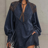 Vestido Curto Feminino Boho Chic de Suede com Franjas e Manga Longa – Fauve VIEUX OFICIAL