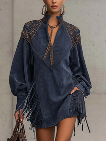 Vestido curto de suede boho com franjas e manga longa Fauve VIEUX OFICIAL