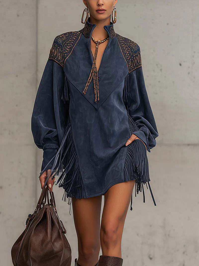 Vestido Curto Feminino Boho Chic de Suede com Franjas e Manga Longa – Fauve VIEUX OFICIAL