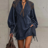 Vestido Curto Feminino Boho Chic de Suede com Franjas e Manga Longa – Fauve VIEUX OFICIAL