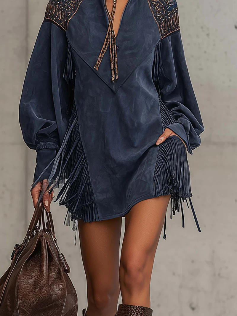 Vestido Curto Feminino Boho Chic de Suede com Franjas e Manga Longa – Fauve VIEUX OFICIAL