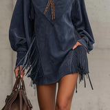 Vestido Curto Feminino Boho Chic de Suede com Franjas e Manga Longa – Fauve VIEUX OFICIAL
