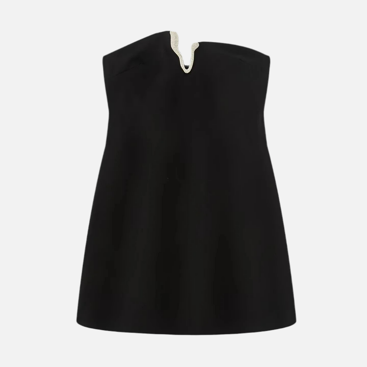 Vestido Curto Feminino Tomara que Caia Alfaiataria com Decote Jóia Strass – Eleonora