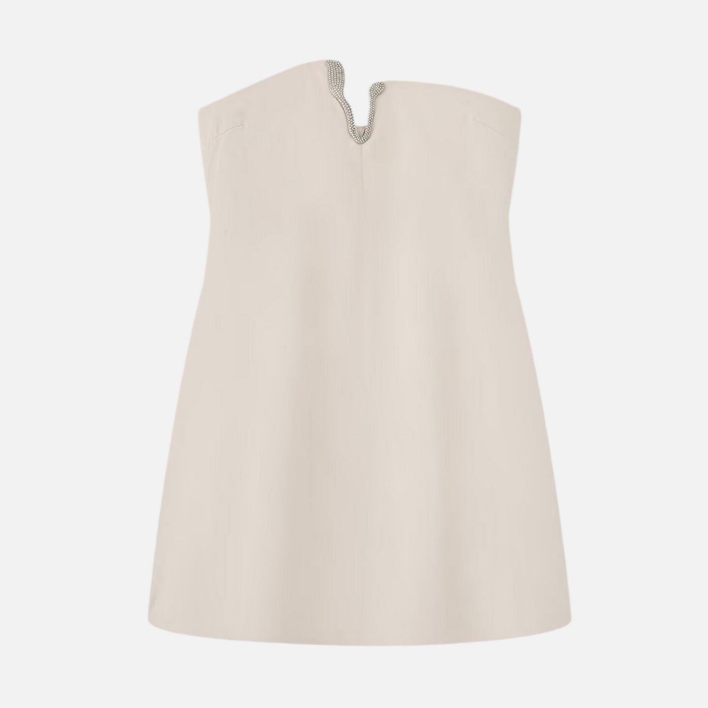 Vestido Curto Feminino Tomara que Caia Alfaiataria com Decote Jóia Strass – Eleonora