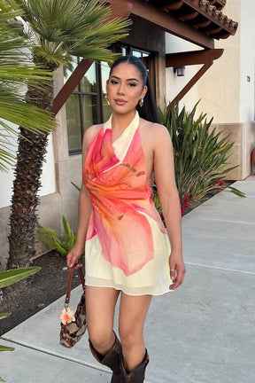 Vestido Curto Floral Frente Única com Decote Degagê – Aquarelle