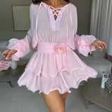 Vestido Curto Fluido com Babados e Manga Bufante – Rêverie VIEUX OFICIAL