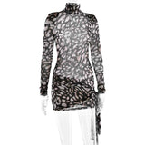 Vestido Curto Justo de Tule Animal Print com Drapeado Assimétrico e Gola Alta – Morell VIEUX OFICIAL