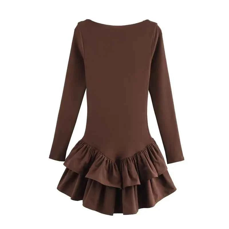 Vestido curto manga longa com saia de babados em camadas e decote nas costas marrom Ponce VIEUX OFICIAL