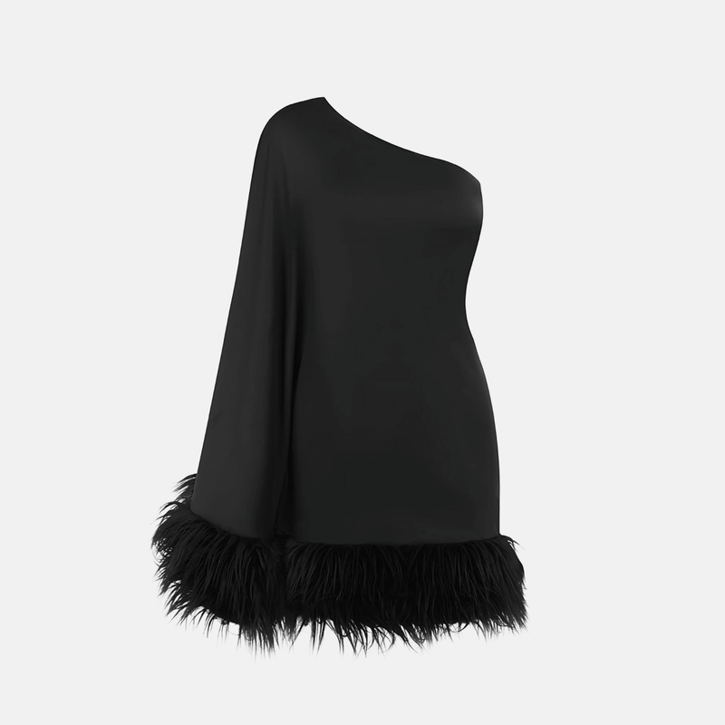Vestido curto one shoulder com plumas preto Nuage VIEUX OFICIAL