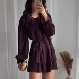 Vestido Curto Preto com Babados em Camadas e Mangas Bufantes – Folie VIEUX OFICIAL