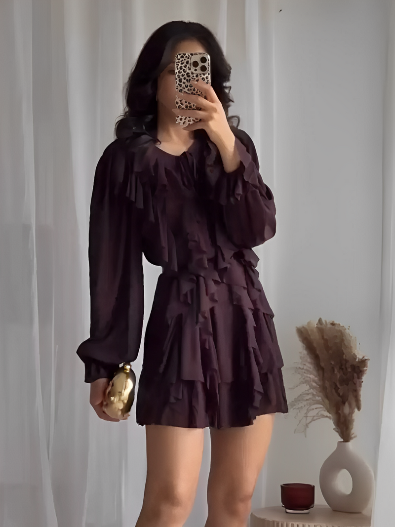 Vestido curto com babados em camadas e mangas bufantes café Folie VIEUX OFICIAL