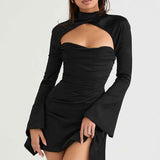Vestido Curto Preto com Manga Longa e Recorte Frontal - Clivage Hiver VIEUX OFICIAL