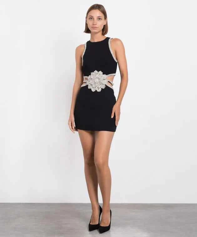 Vestido curto preto de festa com bordado floral em cristais e recortes laterais Bouluds VIEUX OFICIAL
