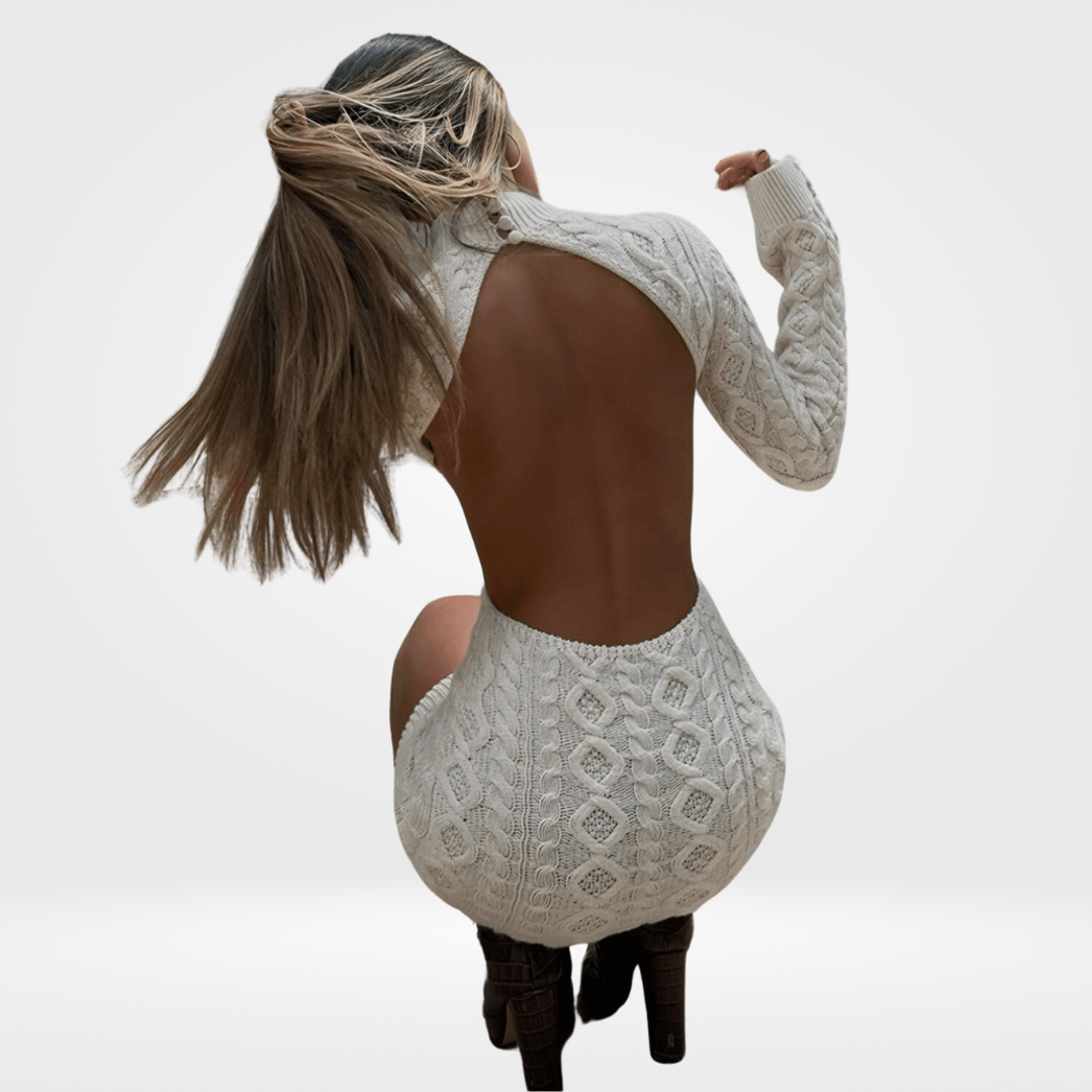 Vestido Curto de Tricô Off White Manga Longa com Costas Nuas – Roane - VIEUX OFICIAL