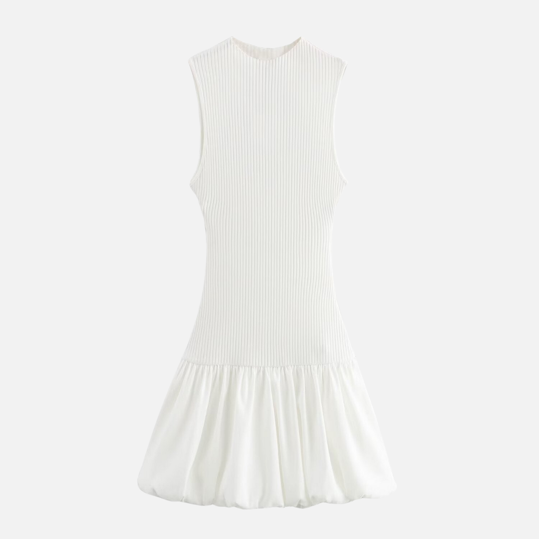Vestido Curto Sem Manga em Tricot Canelado com Saia Godê de Alfaiataria – Tricot - VIEUX OFICIAL