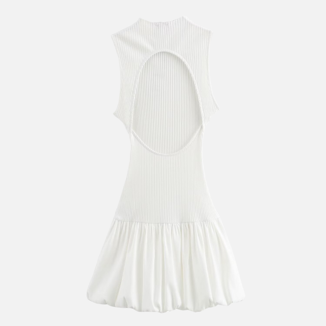 Vestido Curto Sem Manga em Tricot Canelado com Saia Godê de Alfaiataria – Tricot - VIEUX OFICIAL