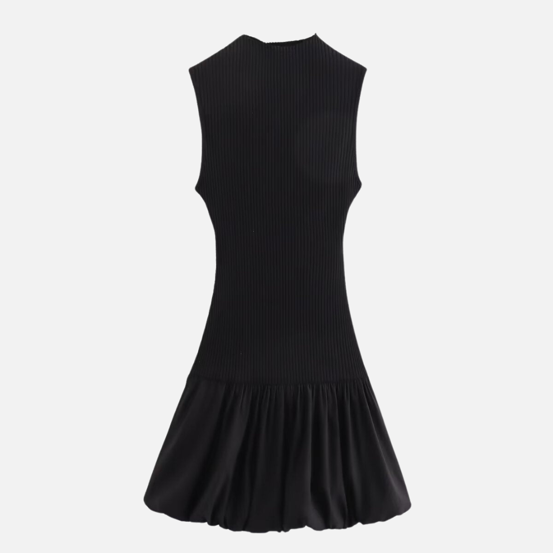 Vestido Curto Sem Manga em Tricot Canelado com Saia Godê de Alfaiataria – Tricot - VIEUX OFICIAL