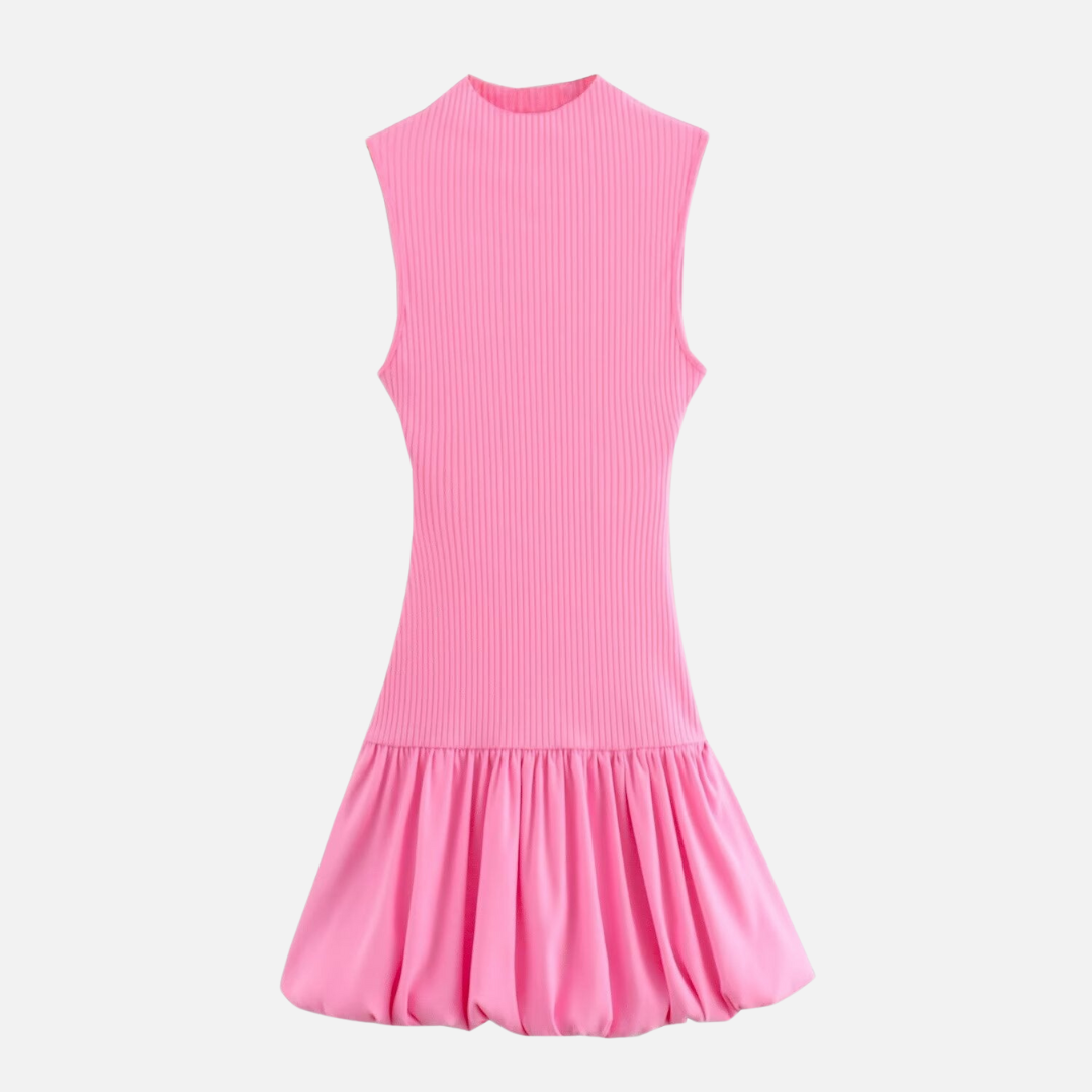 Vestido Curto Sem Manga em Tricot Canelado com Saia Godê de Alfaiataria – Tricot - VIEUX OFICIAL