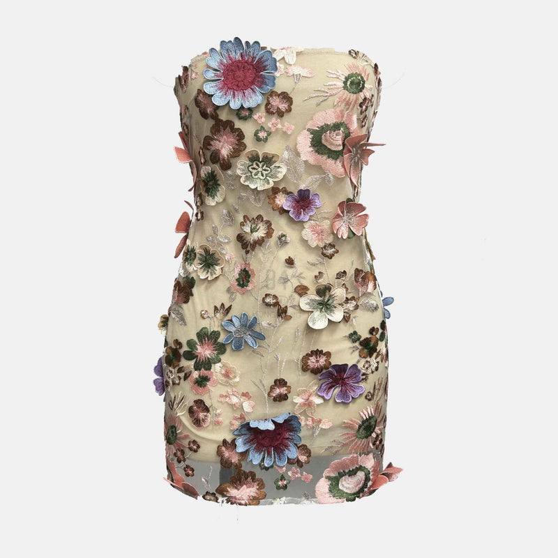 Vestido de festa curto tomara que caia de tule com bordado de flores 3D Vallet VIEUX OFICIAL