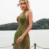 Vestido Curto Verde com Correntes Douradas e Decote - Paquin VIEUX OFICIAL