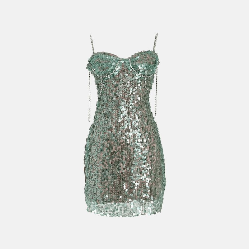 Vestido curto verde com paetês e alças de corrente Joubert VIEUX OFICIAL