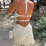 Vestido Curto de Crochê com Recortes Vazados e Flor 3D no Decote Halter – Charrier - VIEUX OFICIAL