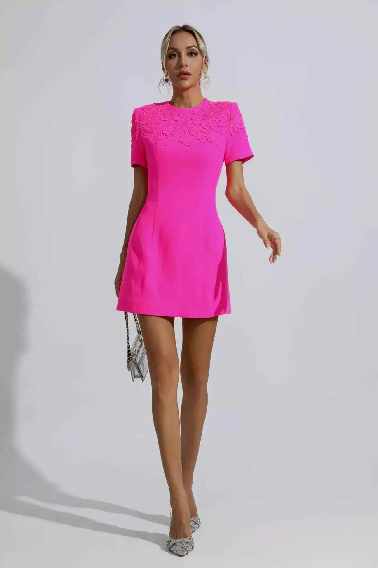 Vestido Curto de Festa Rosa com Aplicações Florais em Jacquard – Papillon - VIEUX OFICIAL