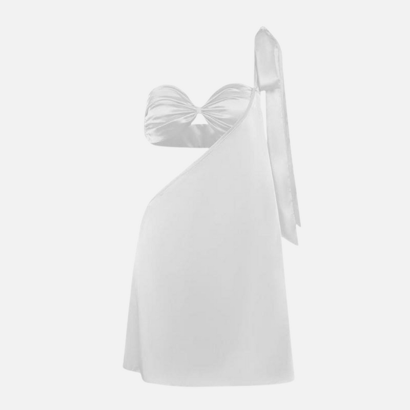 Vestido curto de festa com laço em um ombro e recorte torcido no busto branco Vieux Blanc VIEUX OFICIAL