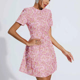 Vestido Curto de Festa em Jacquard Floral com Brilho e Ombros Estruturados – Astrid VIEUX OFICIAL