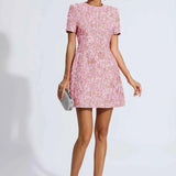 Vestido Curto de Festa em Jacquard Floral com Brilho e Ombros Estruturados – Astrid VIEUX OFICIAL