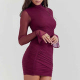 Vestido Curto de Festa em Tule Marsala com Gola Alta e Manga Longa Transparente – Joublie VIEUX OFICIAL
