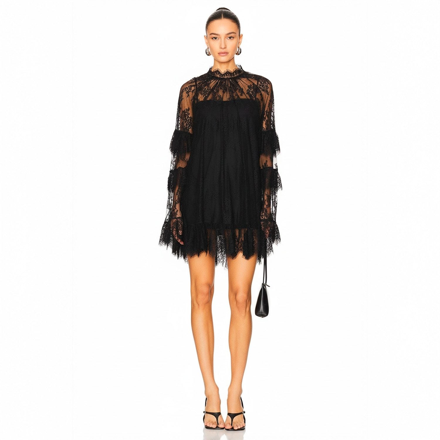 Vestido Curto de Renda com Manga Longa e Transparência – Chantal VIEUX OFICIAL