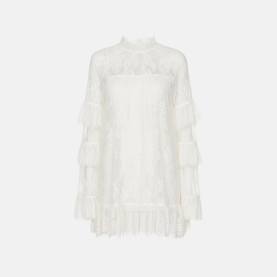 Vestido Curto de Renda com Manga Longa e Transparência – Chantal VIEUX OFICIAL