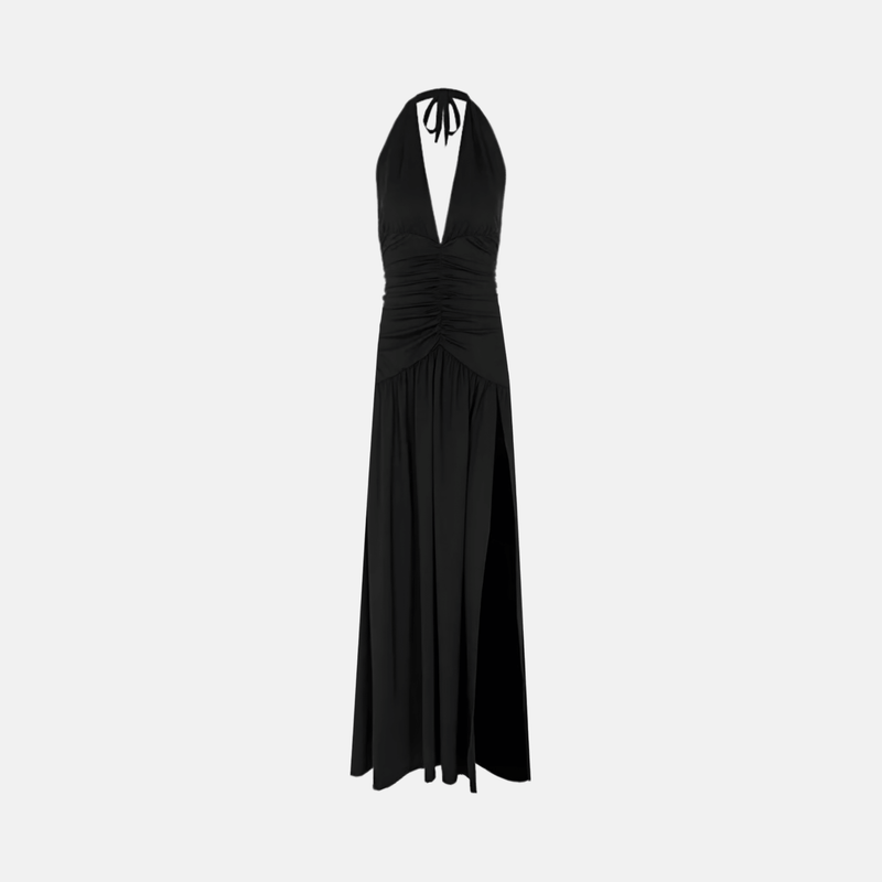 Vestido longo preto de festa com decote halter profundo e fenda lateral Fontainelles VIEUX OFICIAL