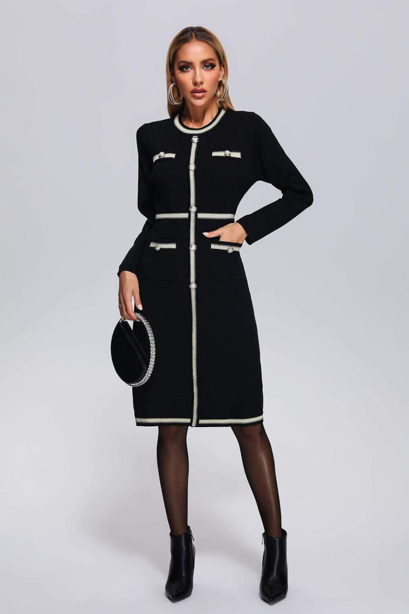 Vestido midi de tricô estruturado com botões e recortes bicolor preto Fromage VIEUX OFICIAL