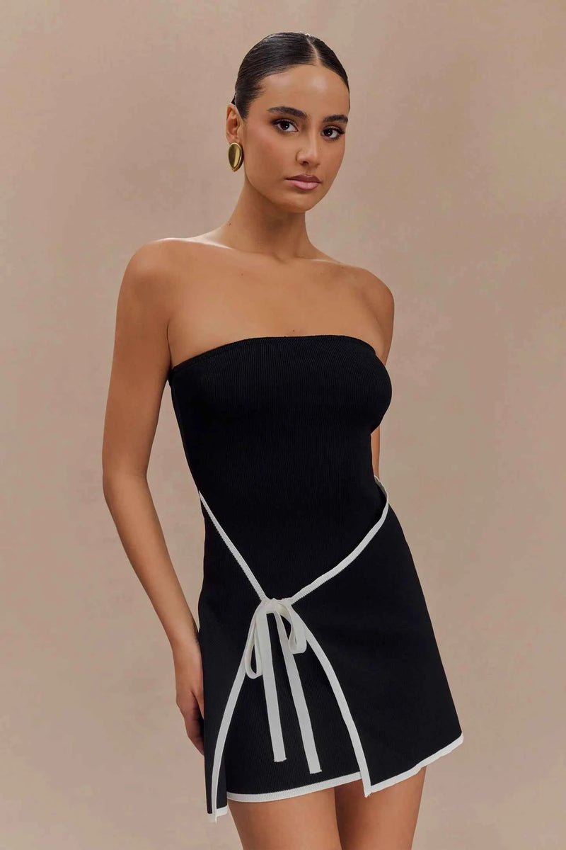 Vestido curto tomara que caia preto com recorte assimétrico e amarração lateral Guillot VIEUX OFICIAL