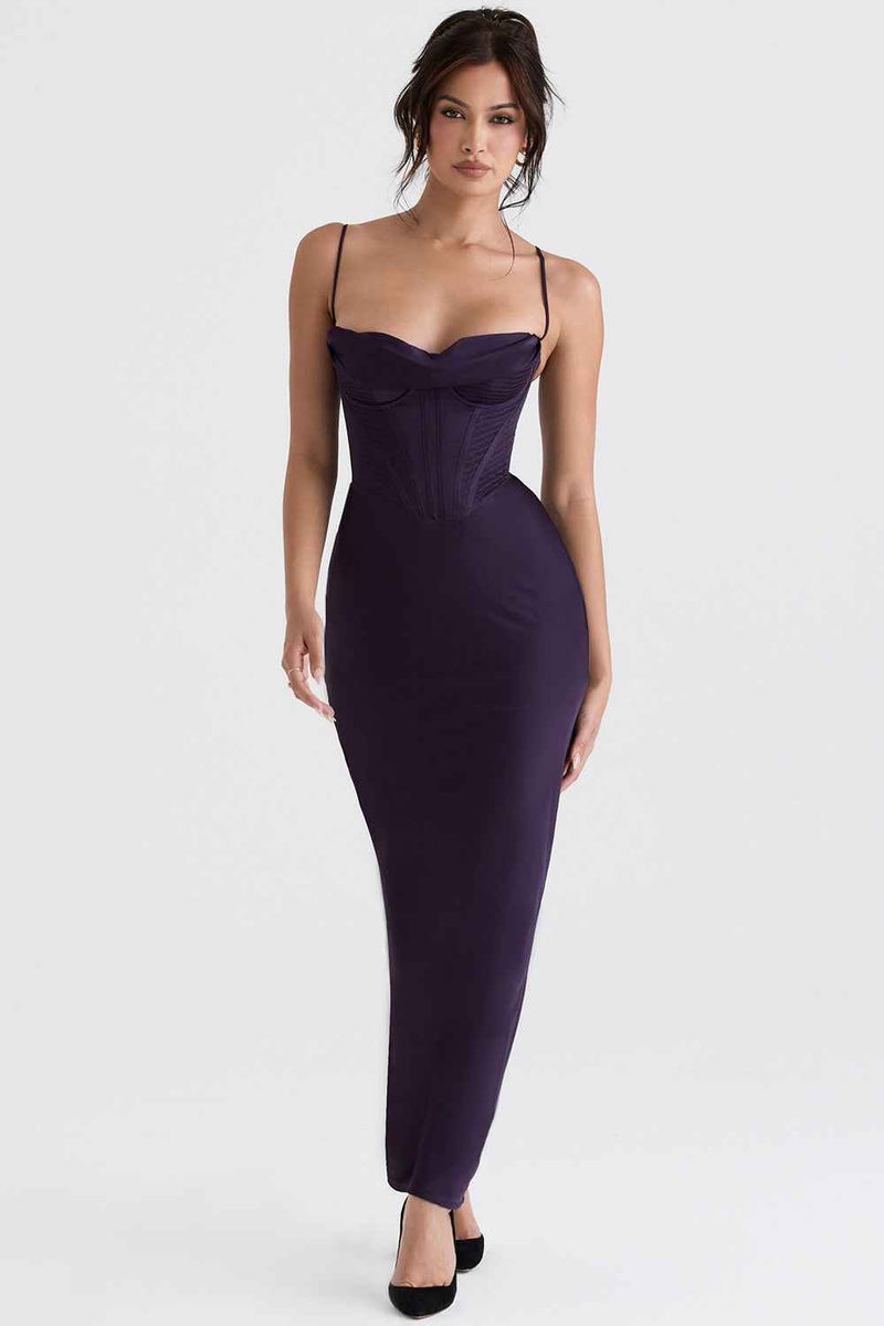 Vestido longo de festa com corset estruturado e alças finas marrom Les Feuilles VIEUX OFICIAL