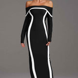 Vestido Longo Ombro a Ombro de Bandagem com Recortes Contrastantes – Lilas
