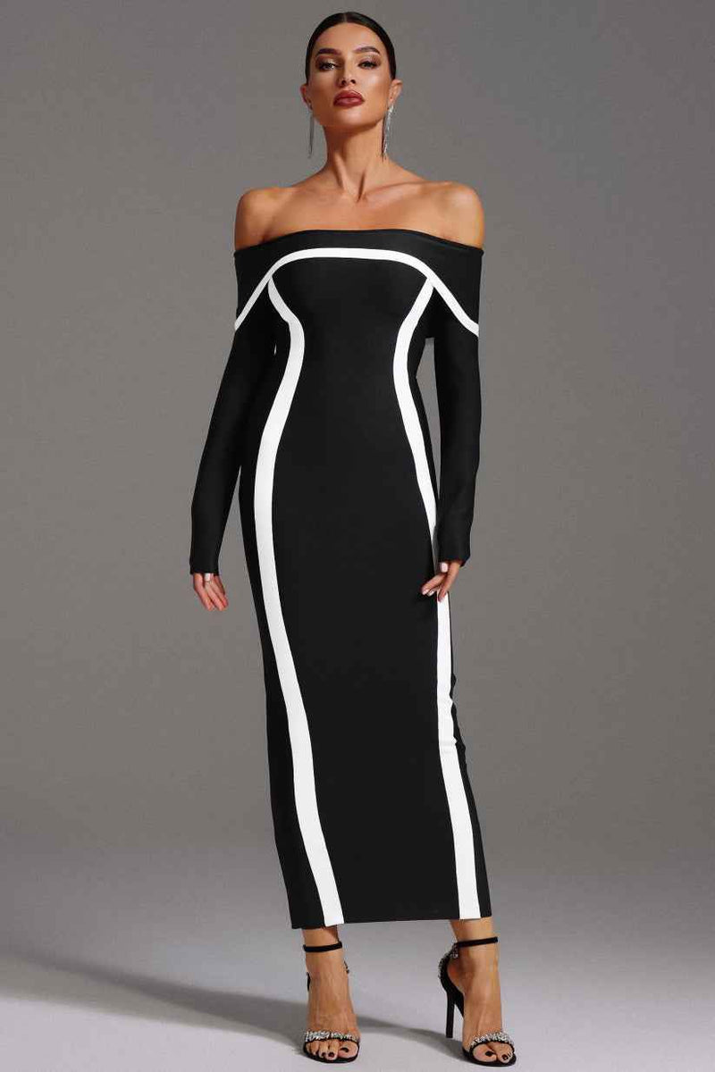 Vestido longo ombro a ombro de bandagem com recortes contrastantes preto Lilas VIEUX OFICIAL