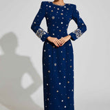 Vestido Longo Azul de Festa com Manga Longa e Bordado de Cristais – Coupole VIEUX OFICIAL