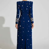 Vestido Longo Azul de Festa com Manga Longa e Bordado de Cristais – Coupole VIEUX OFICIAL