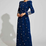 Vestido Longo Azul de Festa com Manga Longa e Bordado de Cristais – Coupole VIEUX OFICIAL
