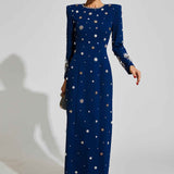 Vestido Longo Azul de Festa com Manga Longa e Bordado de Cristais – Coupole VIEUX OFICIAL
