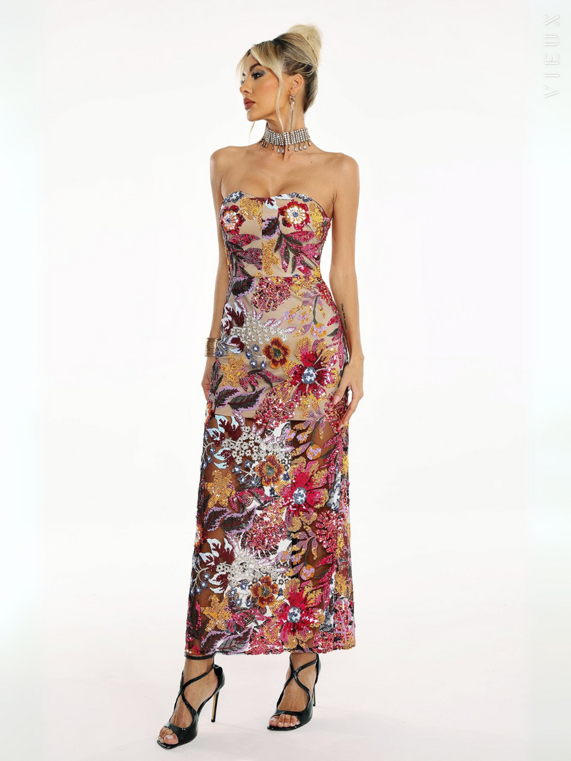 Vestido de festa longo tomara que caia de tule com bordado floral de lantejoulas Chartier VIEUX OFICIAL
