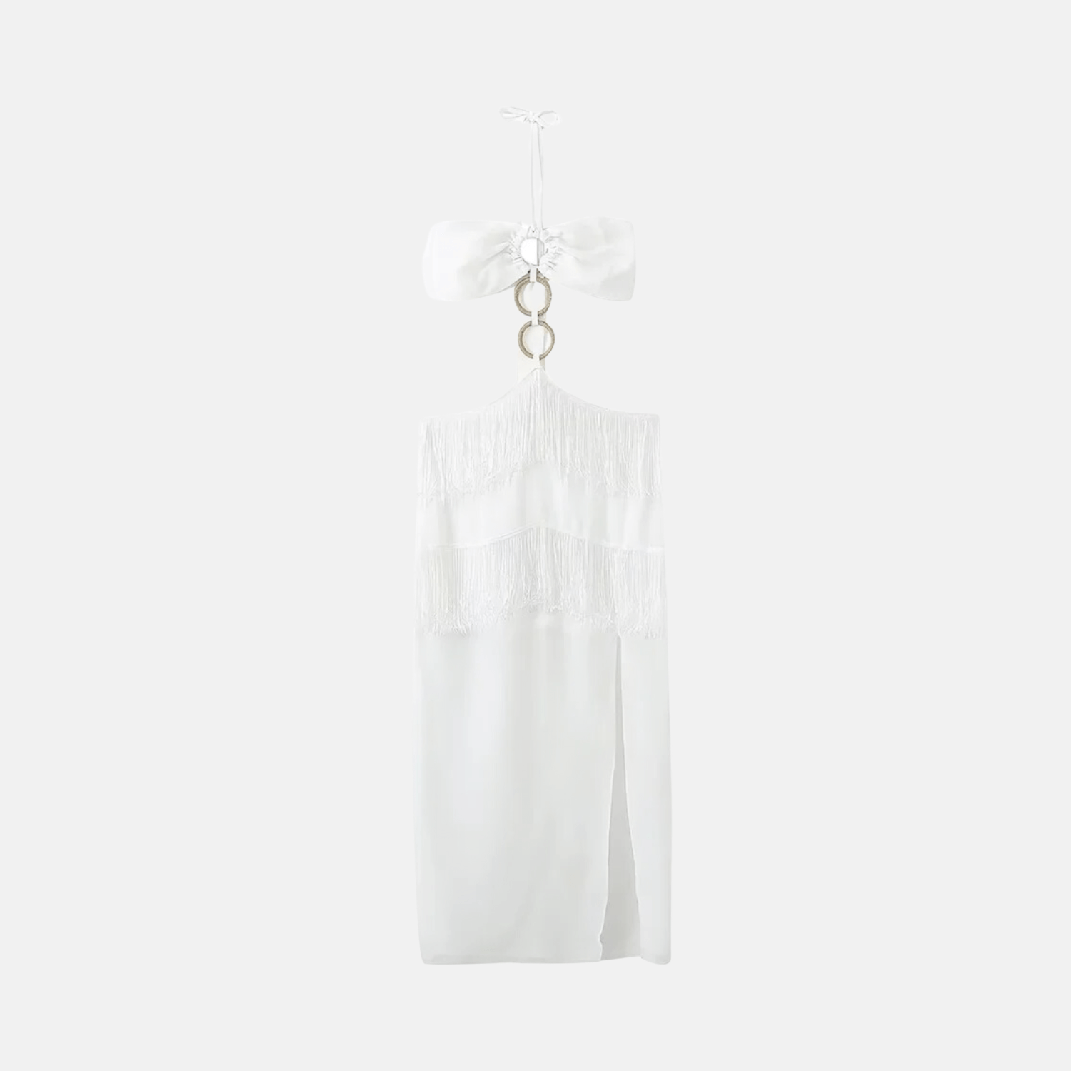 Vestido Longo Branco com Franjas e Corrente Dourada no Decote – Ferre - VIEUX OFICIAL